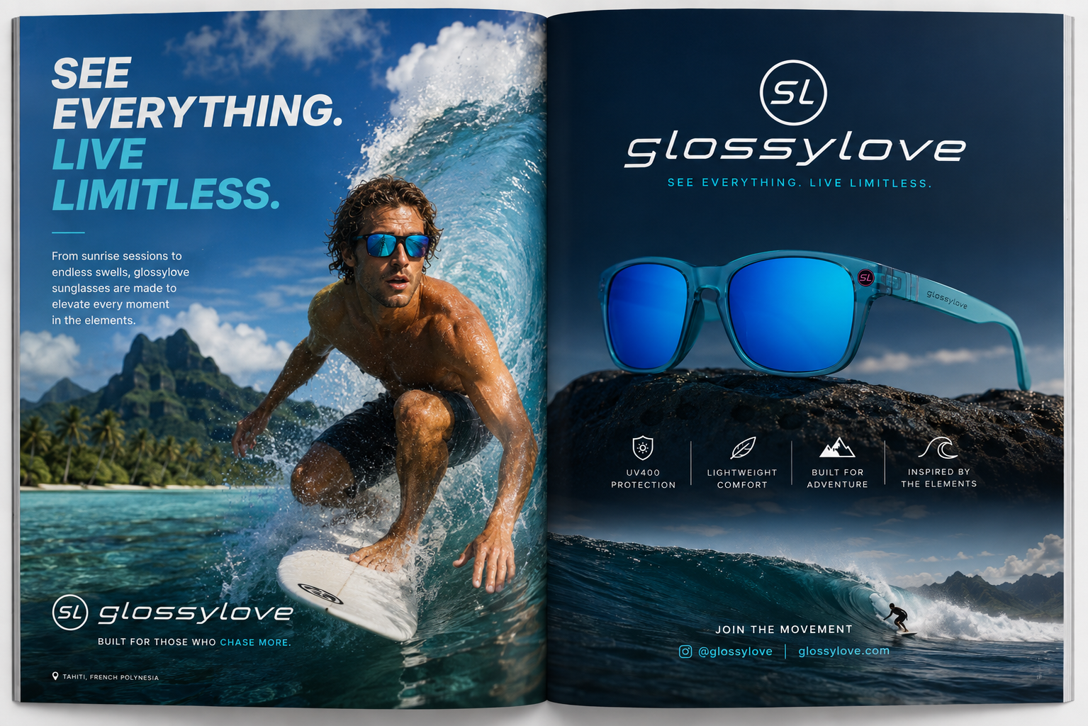 Glossylove magazine spread with surfer