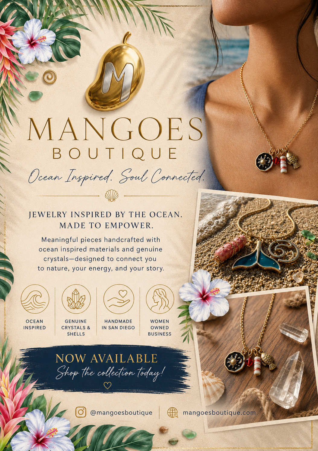 Mangoes Boutique launch flyer with jewelry photography and tropical botanicals