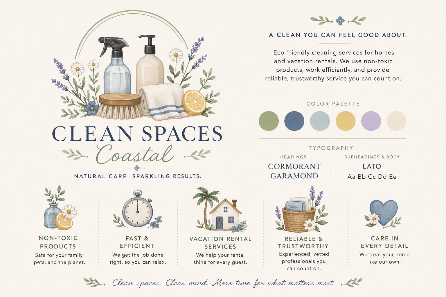 Clean Spaces Coastal brand sheet with palette, typography, and service icons