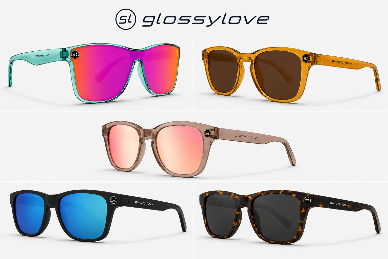 Five Glossylove sunglasses colorways