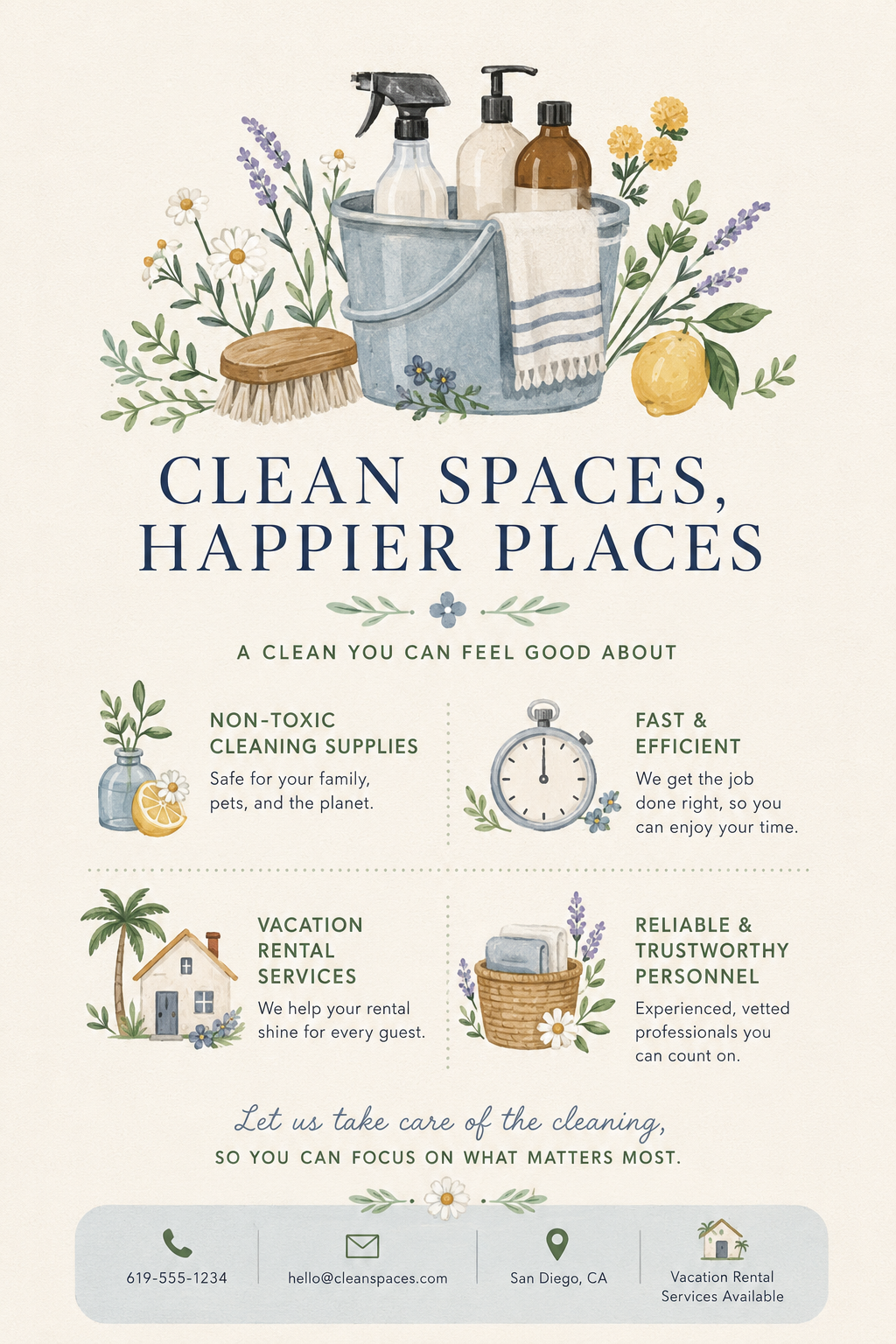 Clean Spaces Coastal flyer with service highlights and contact details