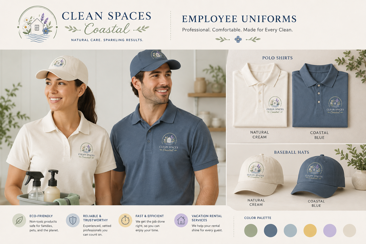 Clean Spaces Coastal employee polo shirts and caps