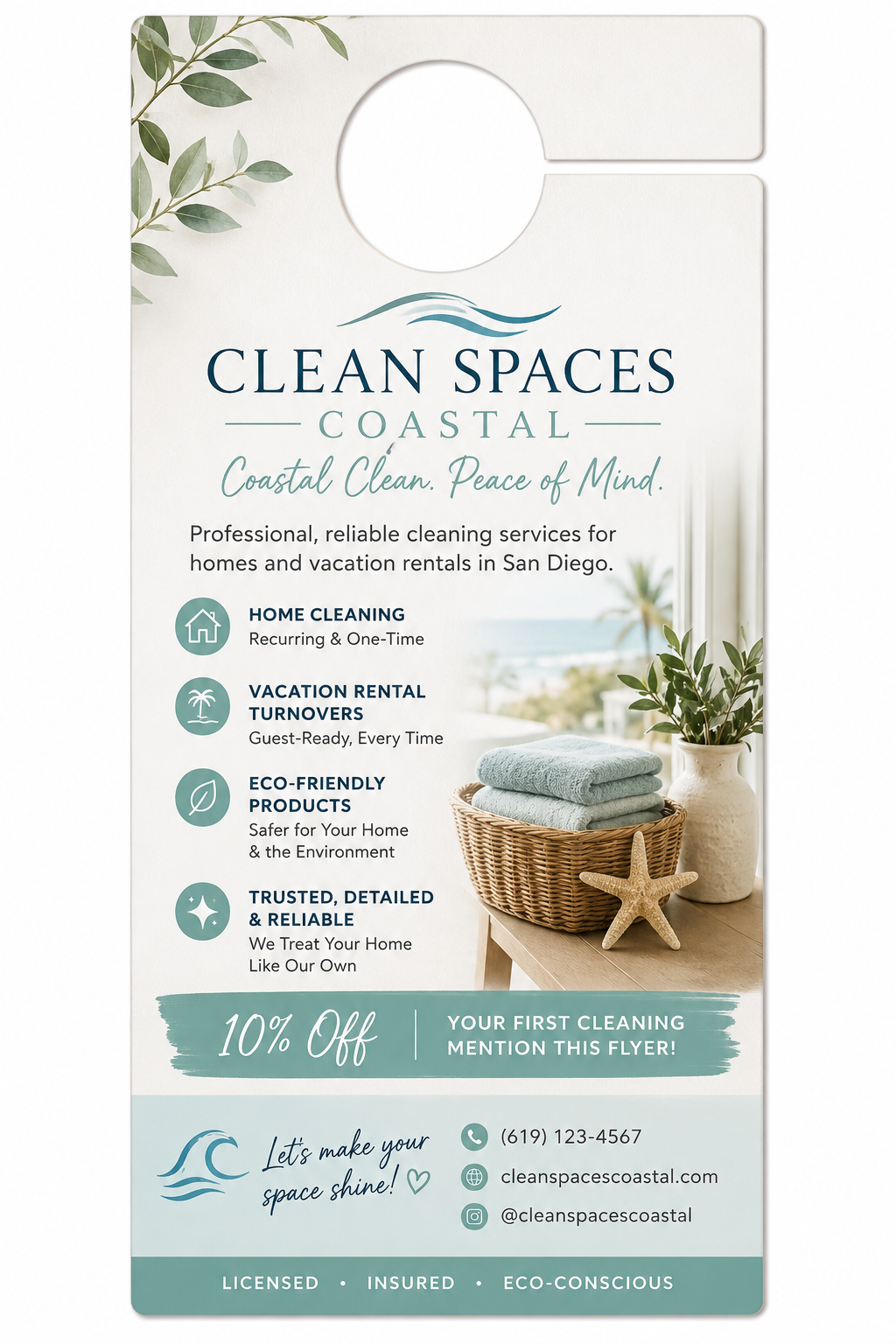 Clean Spaces Coastal door hanger with 10 percent off offer