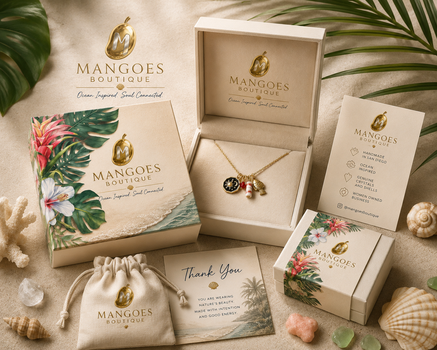 Mangoes Boutique packaging suite with jewelry box, pouch, and thank-you card